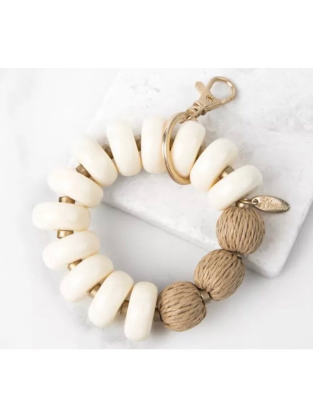 Plunder Design Lydia Mae Keychain Bracelet Cream Brown Gold Raffia Beads Boho